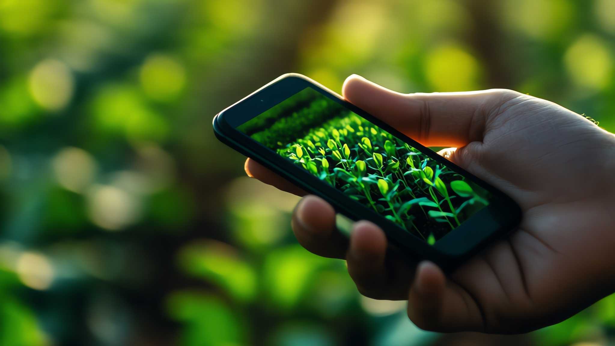 hand holding smartphone above field