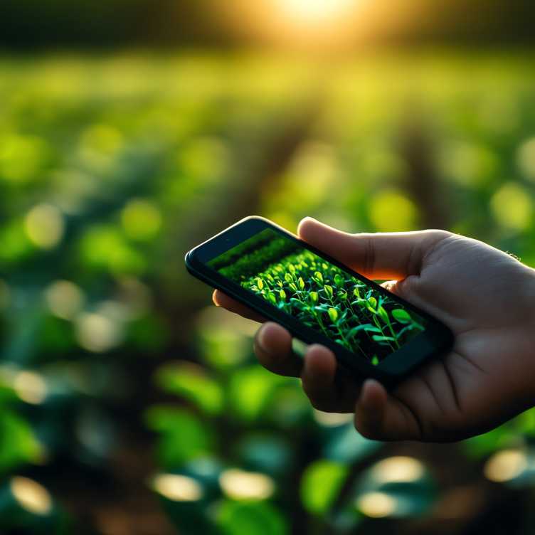 Smartphone held by a hand above field